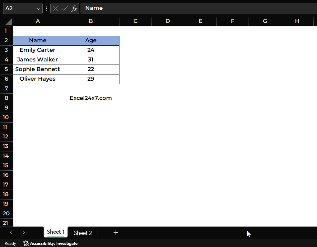 Initial view of selected cell range (Name and Age table) on a single worksheet in Excel before syncing across all sheets using the Select All Sheets option. Initial view of selected cell range (Name and Age table) on a single worksheet in Excel before syncing across all sheets using the Select All Sheets option.
