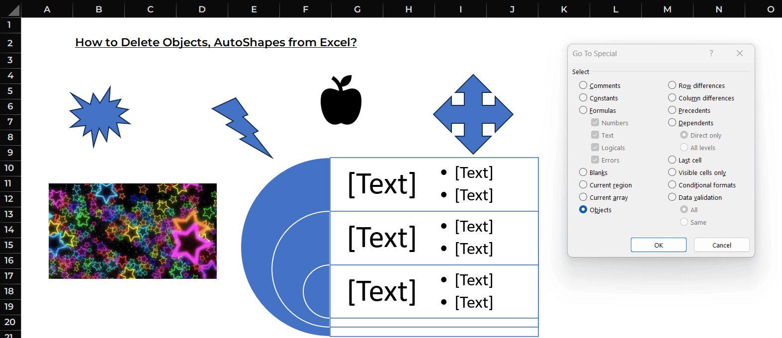 Using Go To dialog box to select and remove all objects from a worksheets